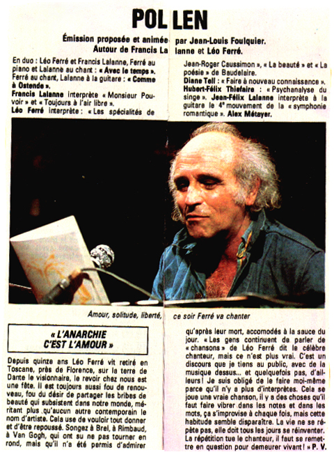 Léo Ferré - Télé Magazine N°1586 du 02/04/1986