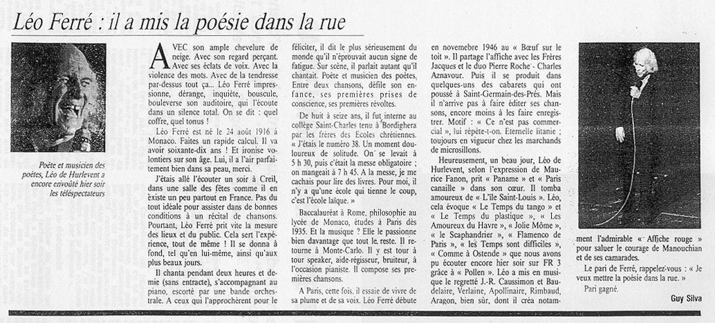Léo Ferré - L'Humanité du 03/04/1986