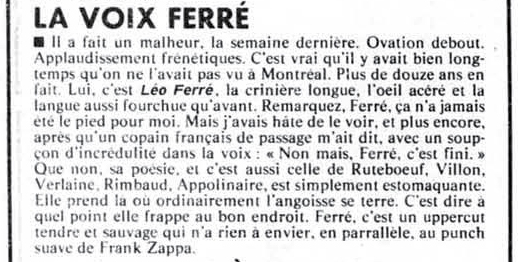 Léo Ferré - La Presse, 4 avril 1986, Cahier A