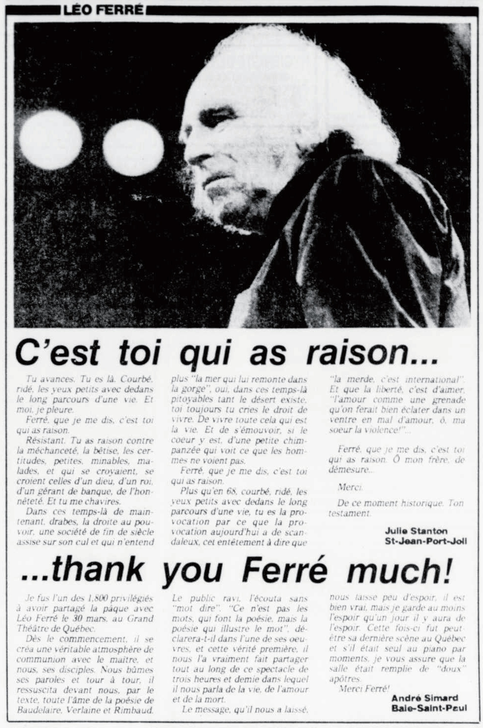 Léo Ferré - Le soleil, 1896- (Québec), 5 avril 1986, Cahier B