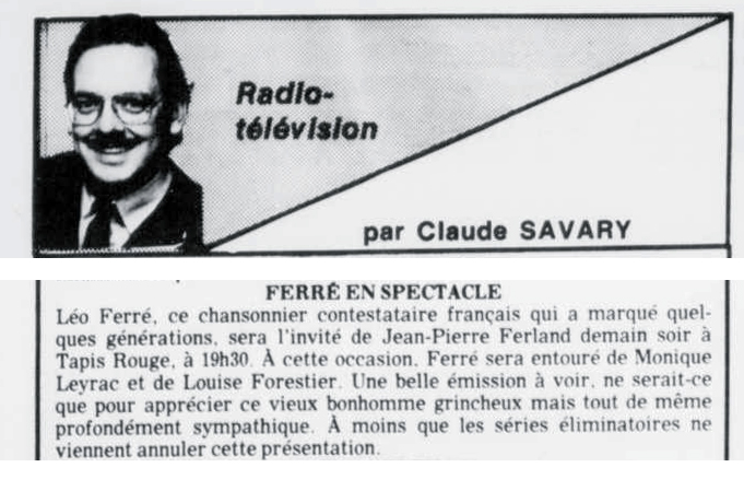 Léo Ferré - Le nouvelliste, 1920-, 12 avril 1986, Cahier 2