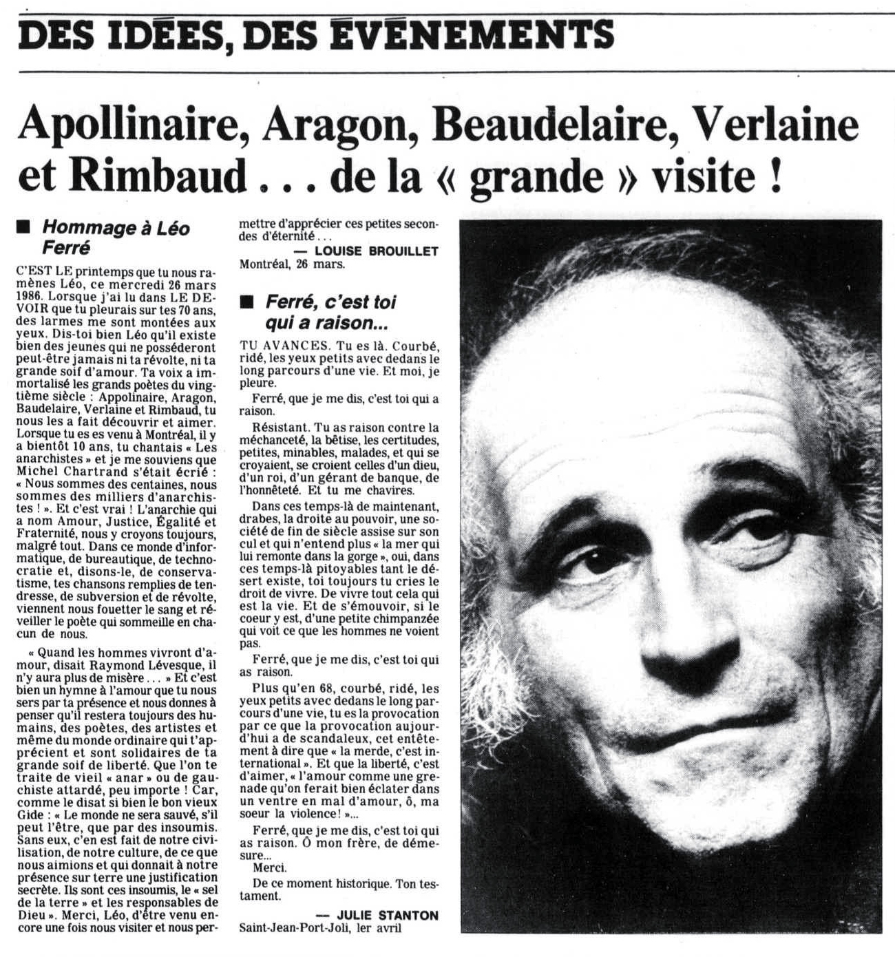 Léo Ferré - Le devoir, 1910- (Montréal), lundi 14 avril 1986