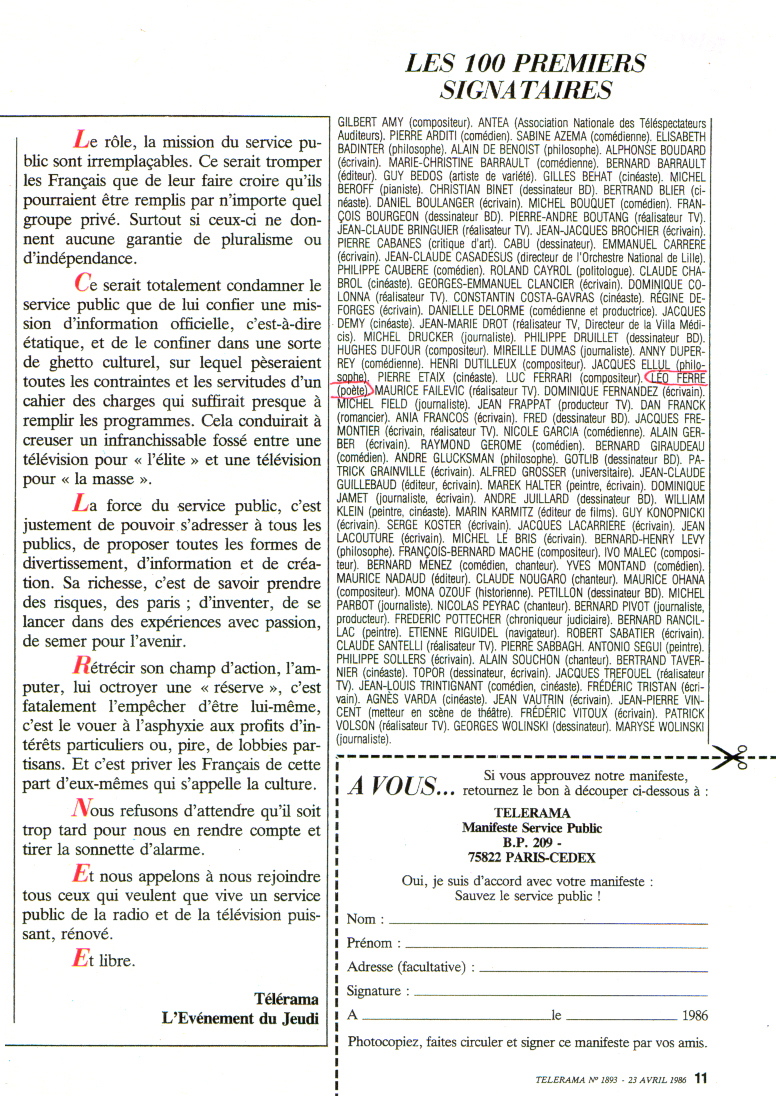 Léo Ferré - Télérama N°1893 du 23/04/1986