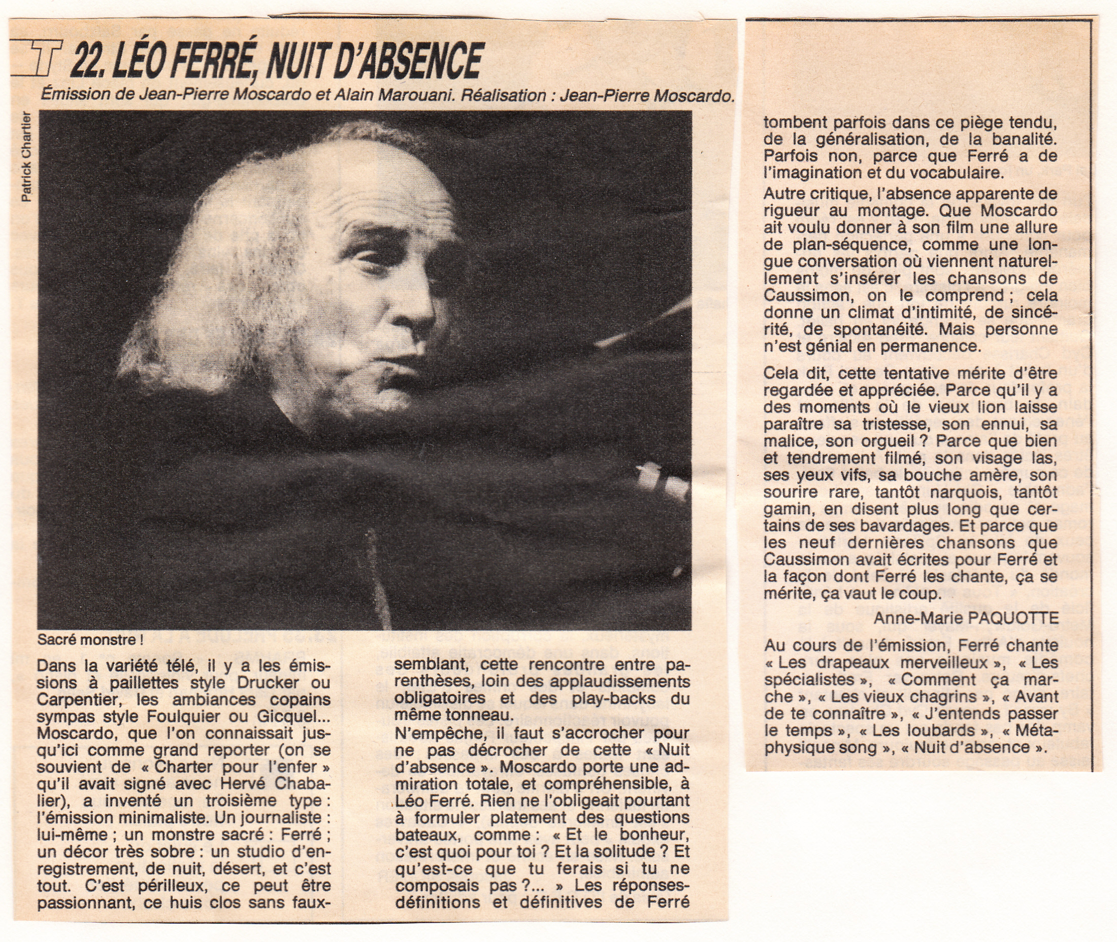 Léo Ferré - Télérama du 26/04 au 02/05/1986
