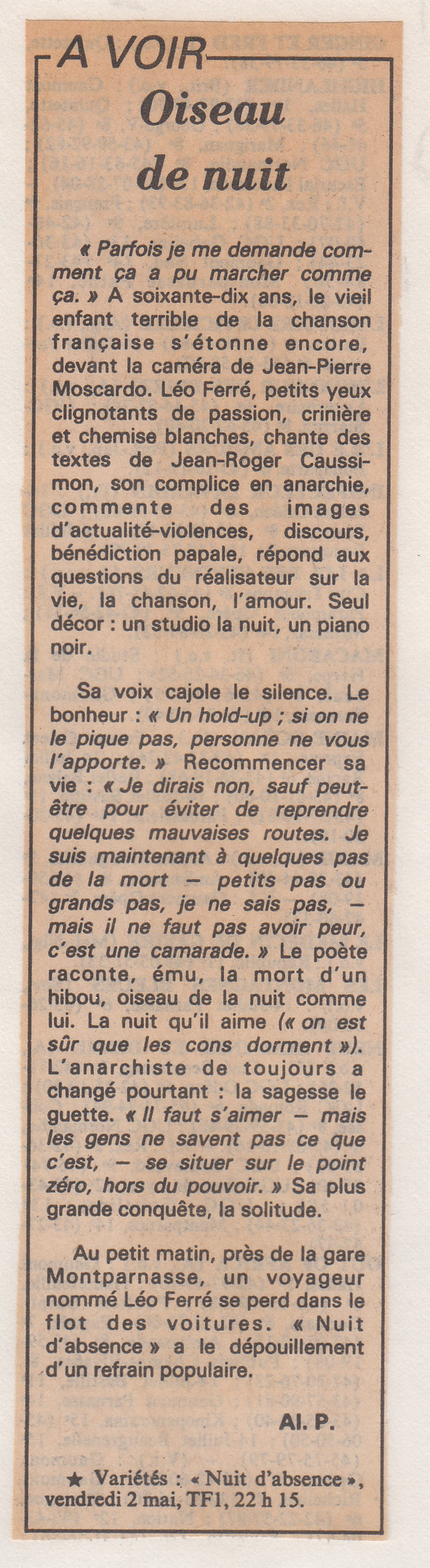 Léo Ferré - Le Monde N°12832 du 02/05/1986