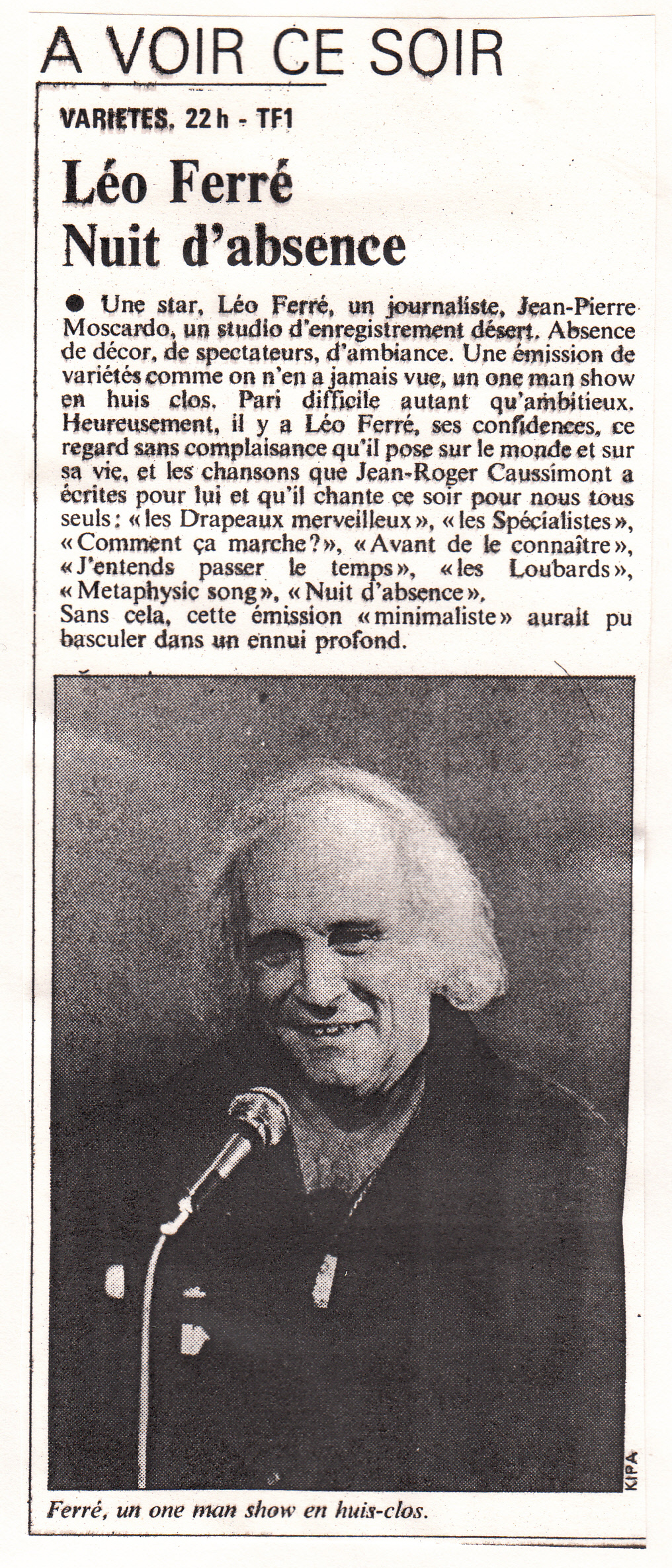 Léo Ferré - Le Quotidien de Paris N°2004 du 02/05/1986