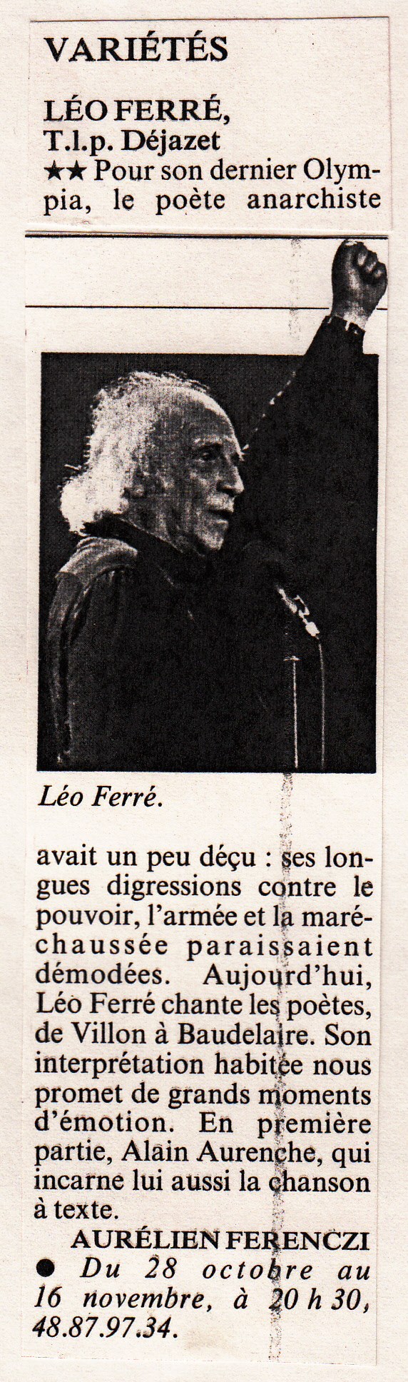 Léo Ferré - L'Express Paris du 24 au 30/10/1986