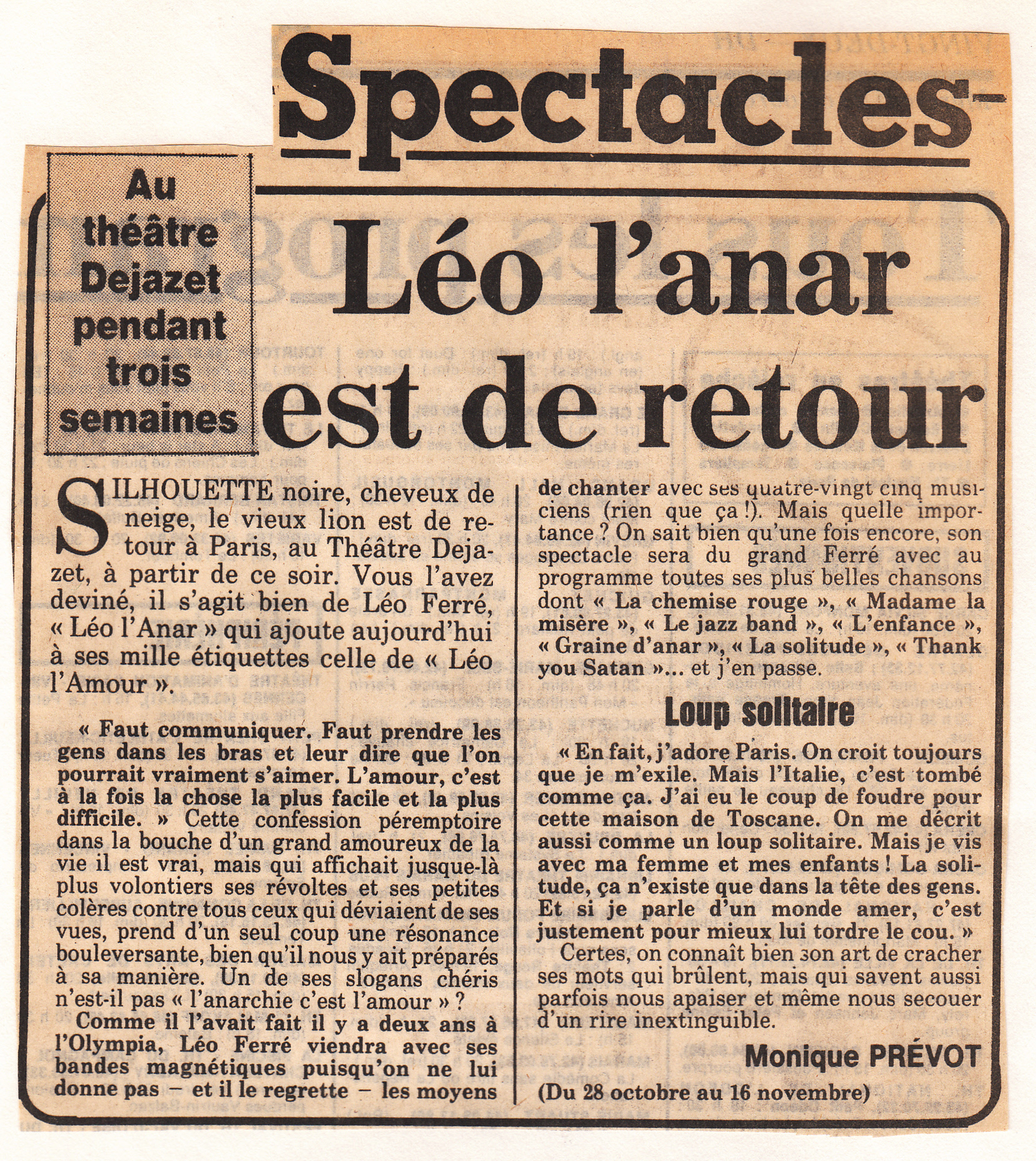 Léo Ferré - Le Figaro du 29/10/1986