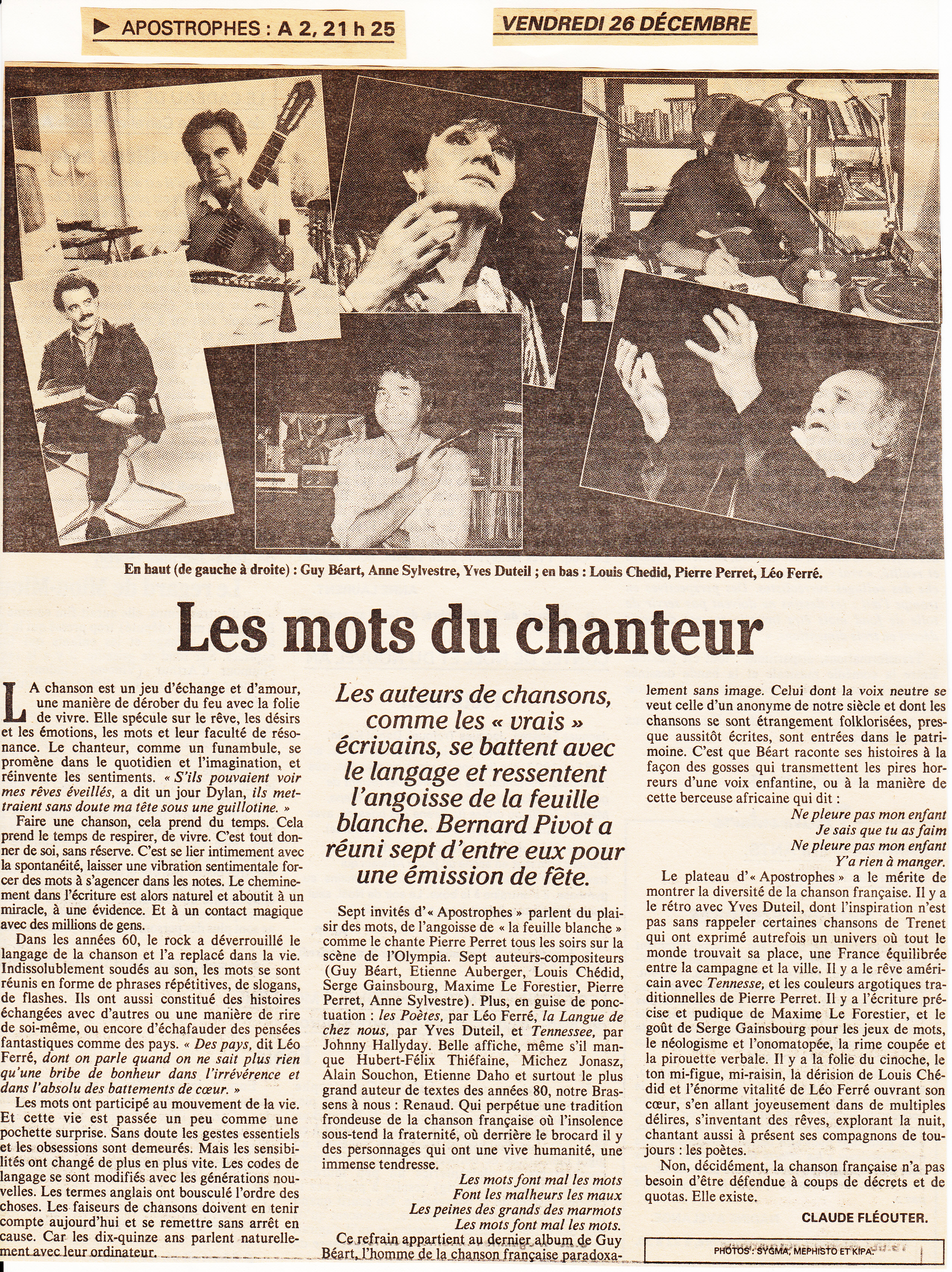 Léo Ferré - Le Monde du 21 & 22/12/1986