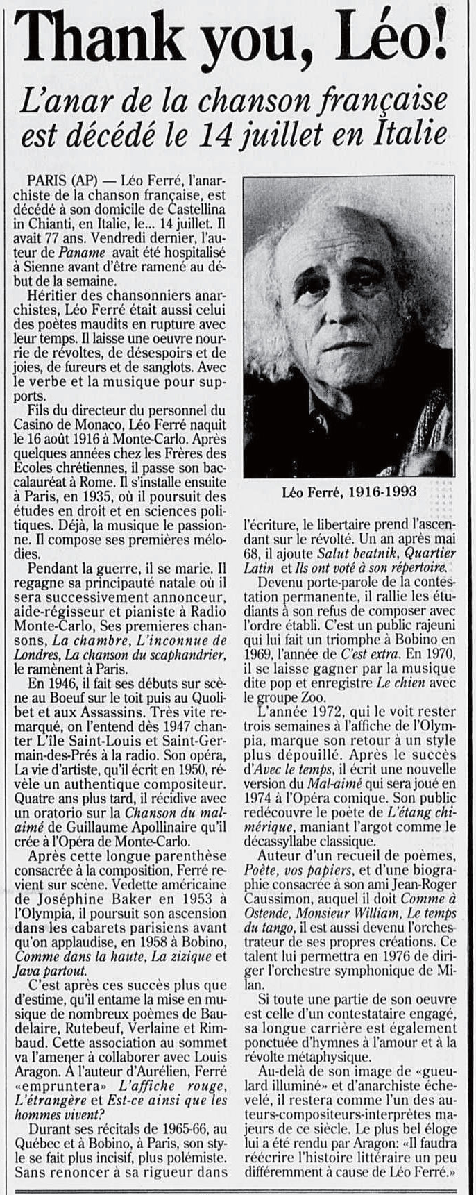Léo Ferré - Le devoir, 1910- (Montréal), 17 juillet 1993, Cahier A & Page(s) complémentaire(s)