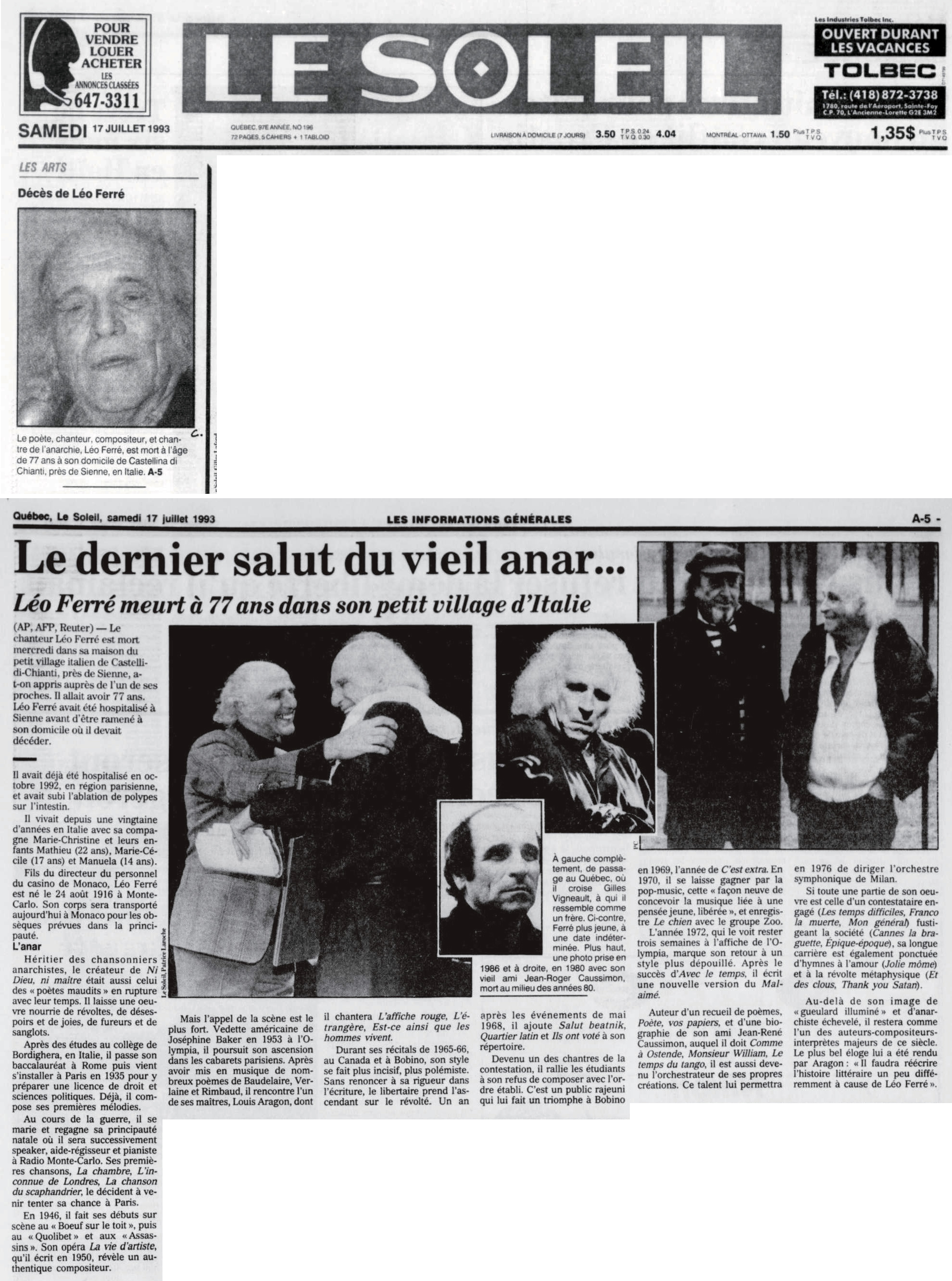 Léo Ferré - Le soleil, 1896- (Québec), 17 juillet 1993, Cahier A