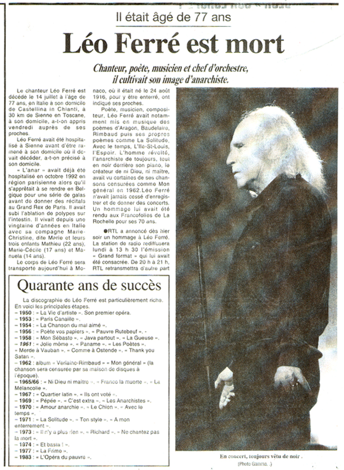 Léo Ferré - Le Figaro N°15 211 du 17 et 18/07/1993