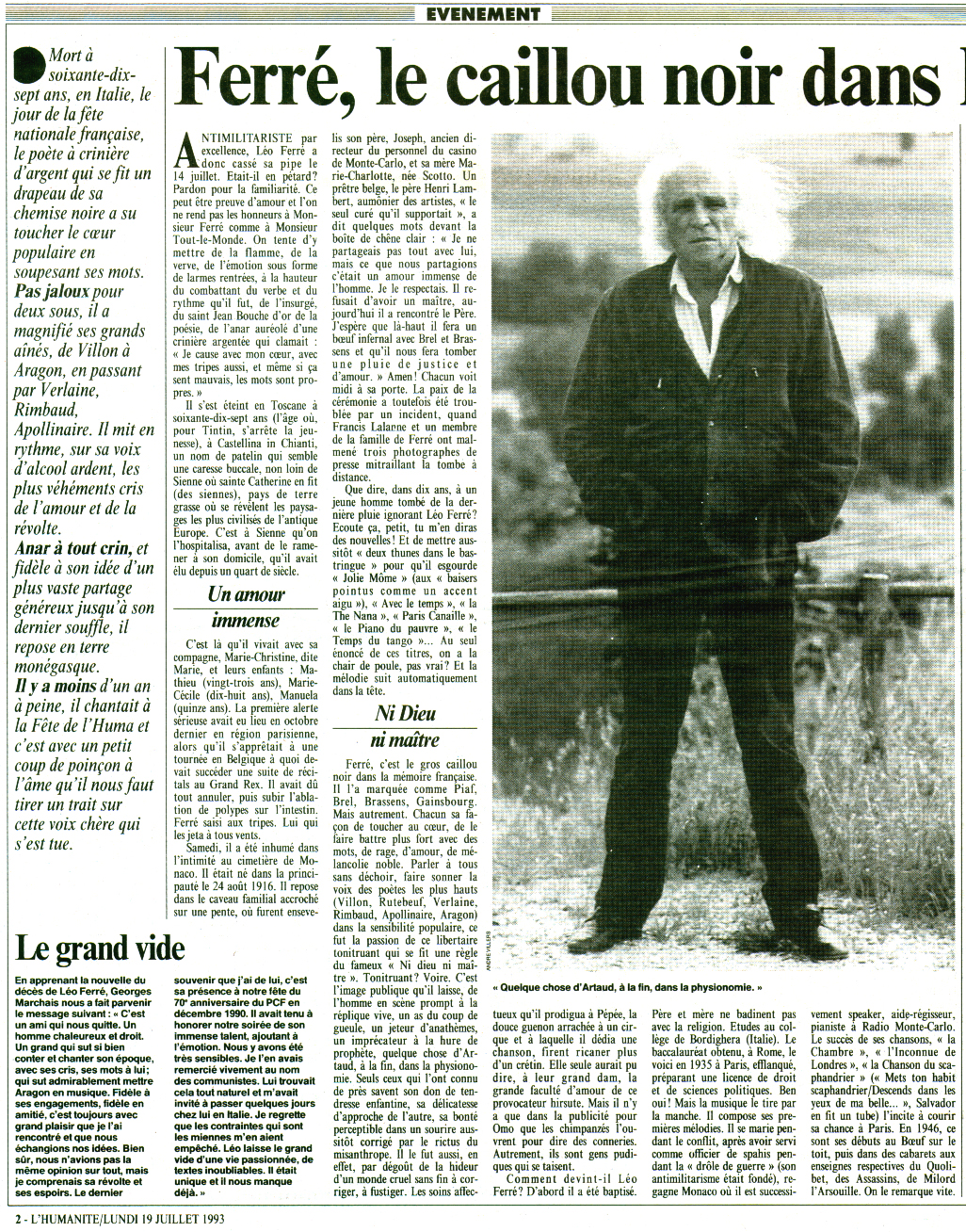 Léo Ferré - L'Humanité N°15216 du 19/07/1993