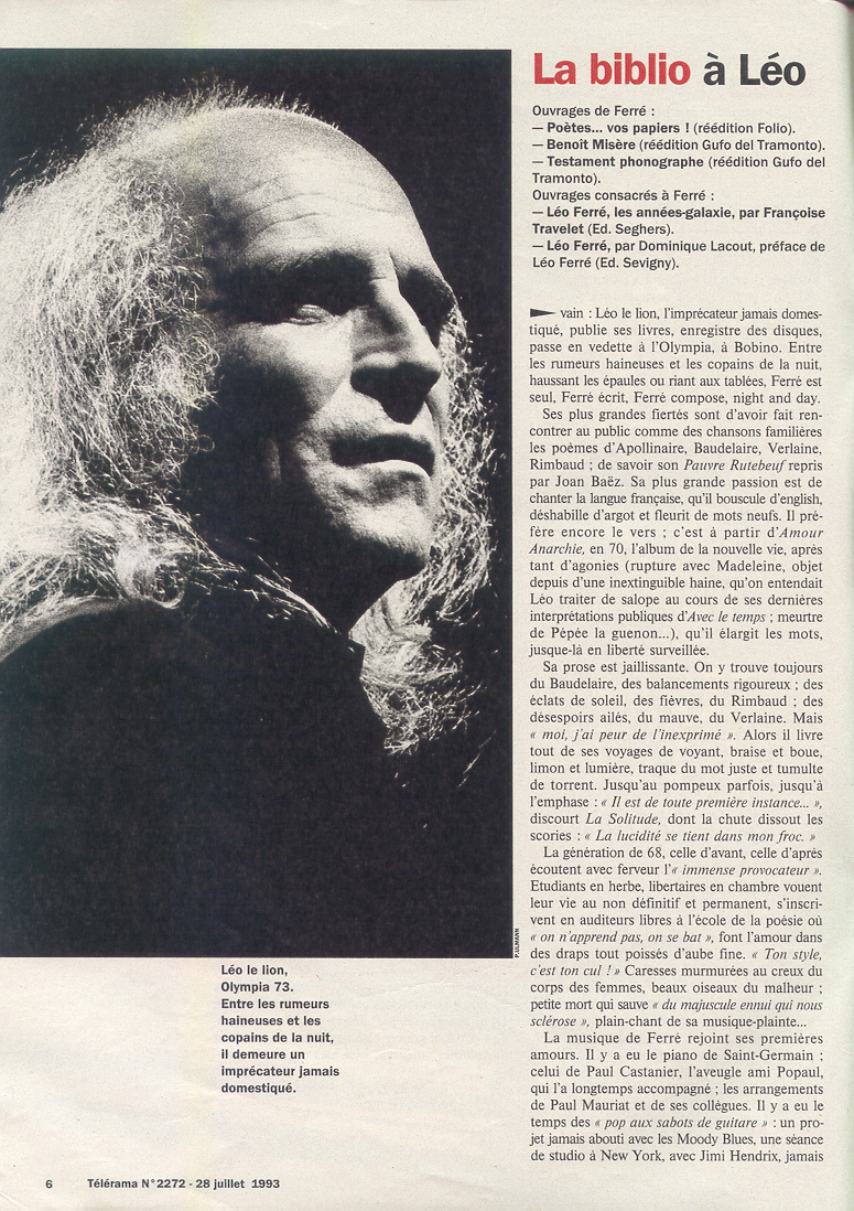Léo Ferré - Télérama N°2272 du 31/07 au 06/08/1993
