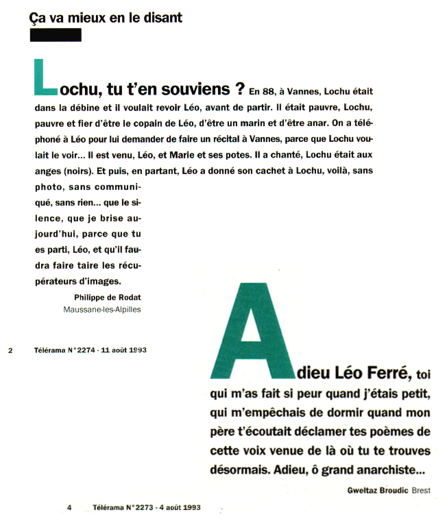Léo Ferré - Télérama N°2274 du 14 au 20/08/1993