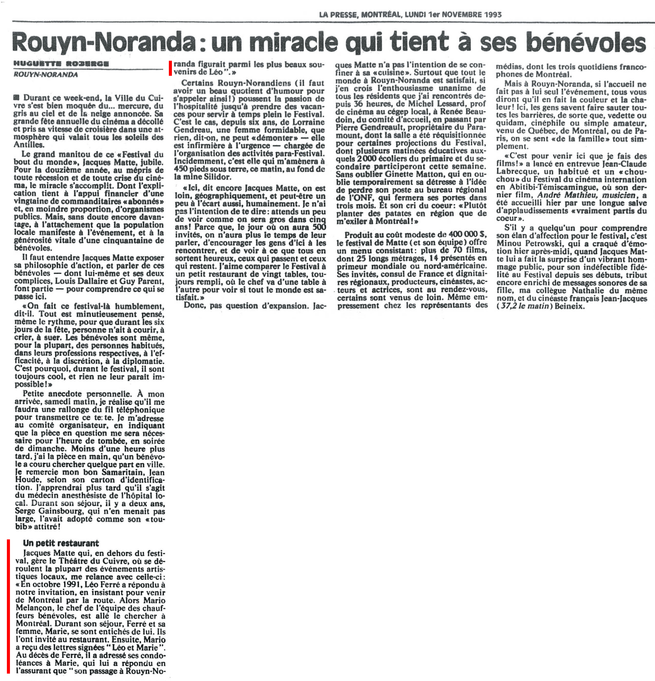 Léo Ferré - La Presse, 1 novembre 1993, B. Informations nationales