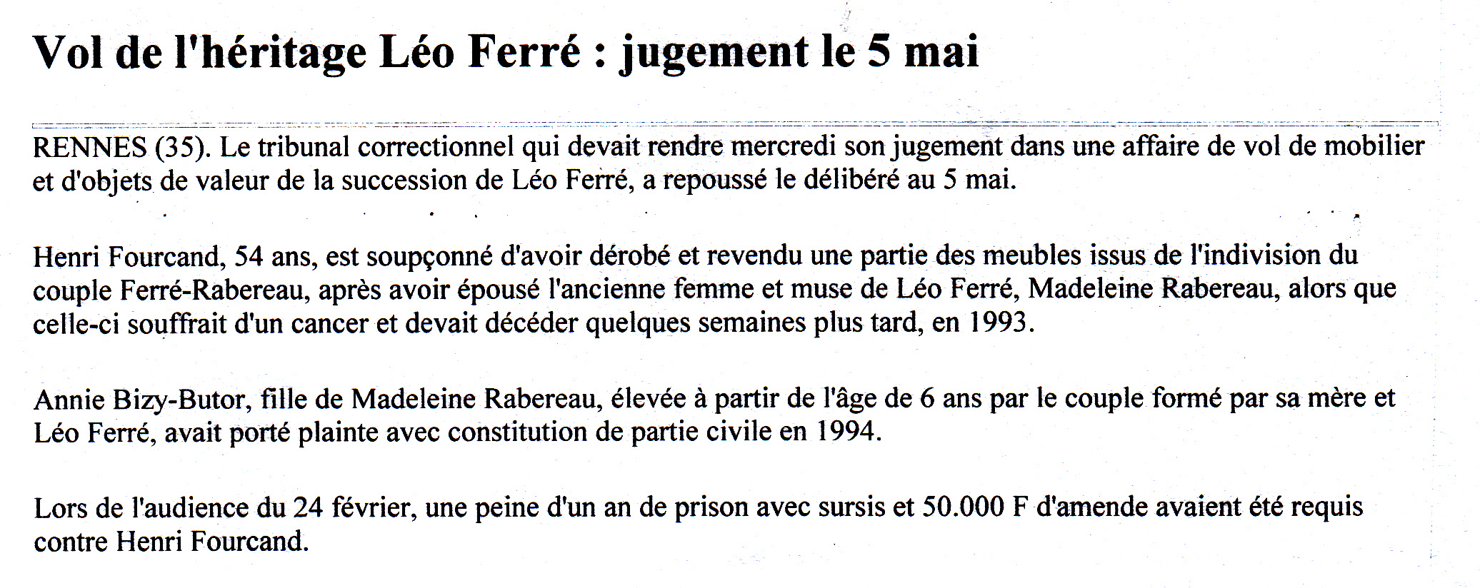 Léo Ferré - Le Télégramme du 29/04/1999