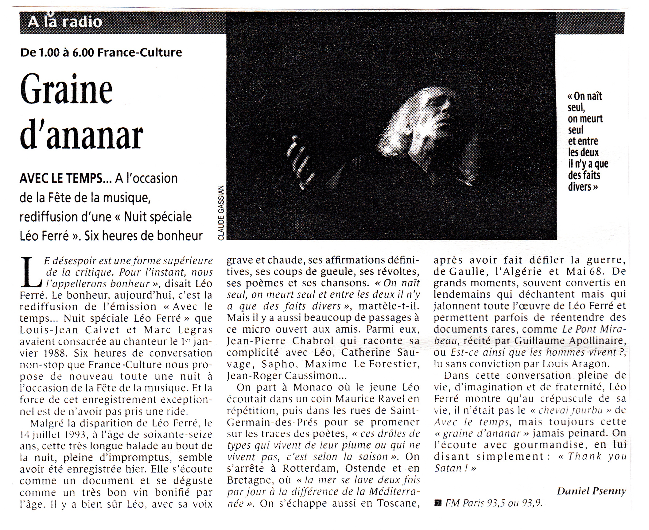 Léo Ferré - Le Monde du 20 & 21/06/1999
