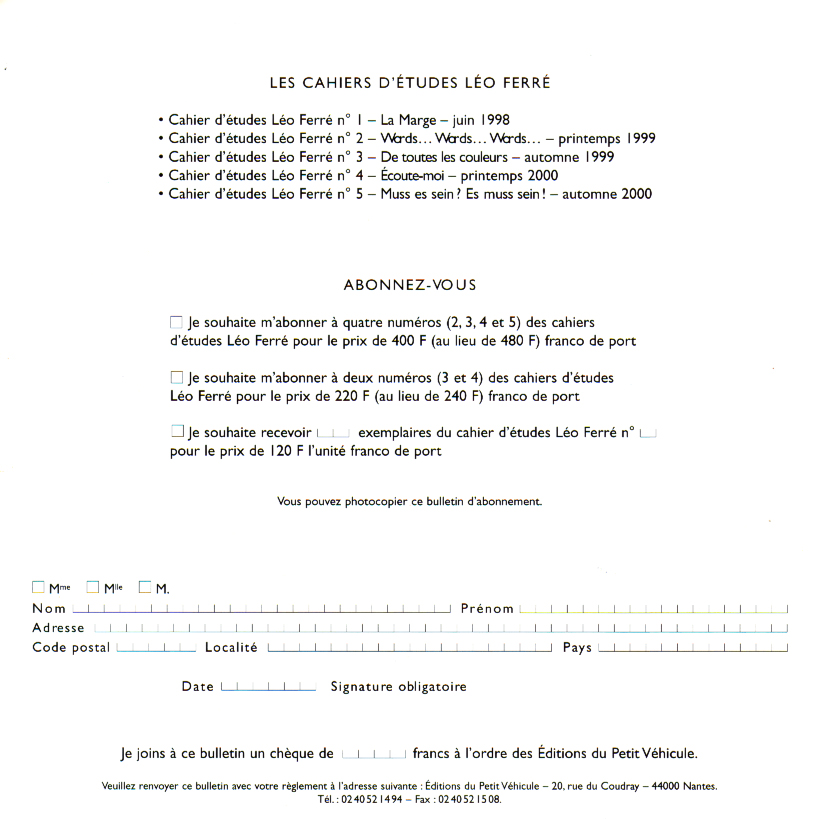 Léo Ferré - Promotion Cahiers d'études N°2 - 16/07/1999