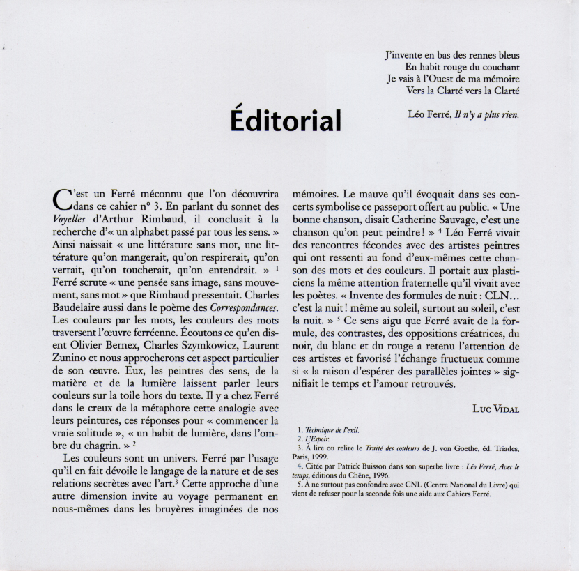 Léo Ferré - Promotion Cahiers d'études N°3 - Septembre 1999