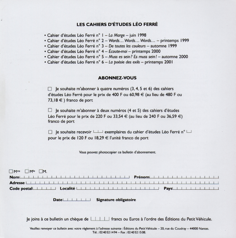 Léo Ferré - Promotion Cahiers d'études N°3 - Septembre 1999