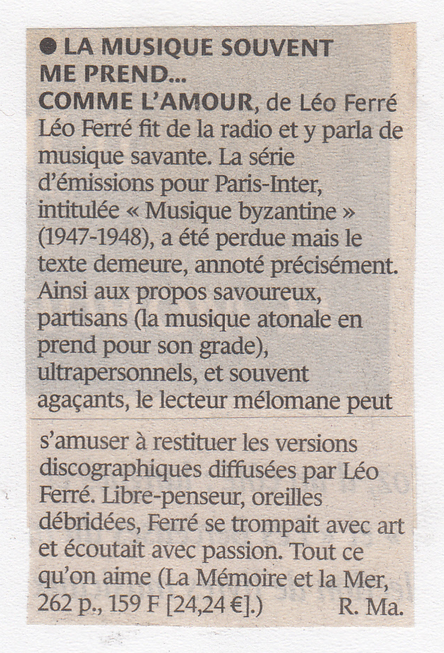 Léo Ferré - Le Monde du 17/12/1999